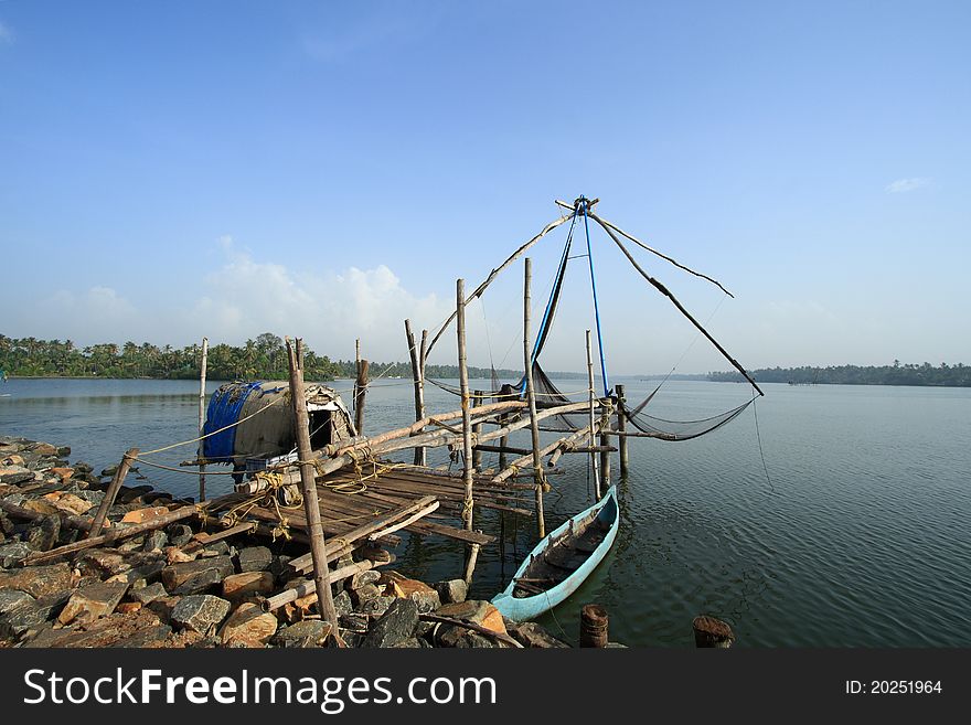 Chinese style fishing net on a lake