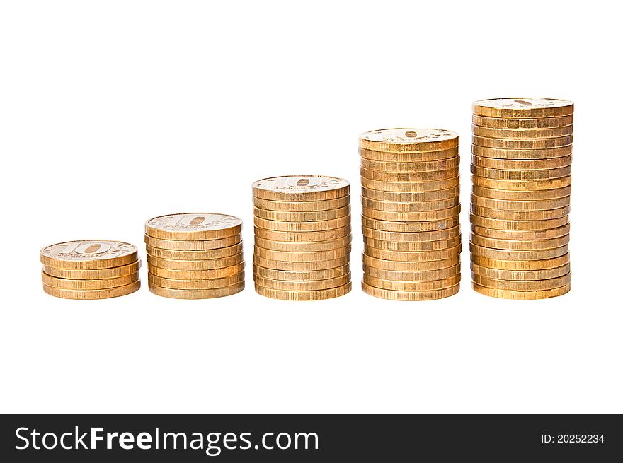 Rising columns from coins isolated on white background