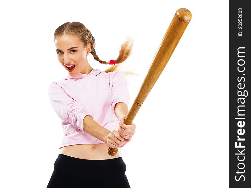 Pretty lady with a baseball bat, isolated on white background
