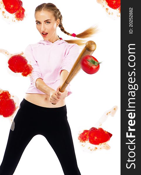 Lady beating off tomatoes with a baseball bat