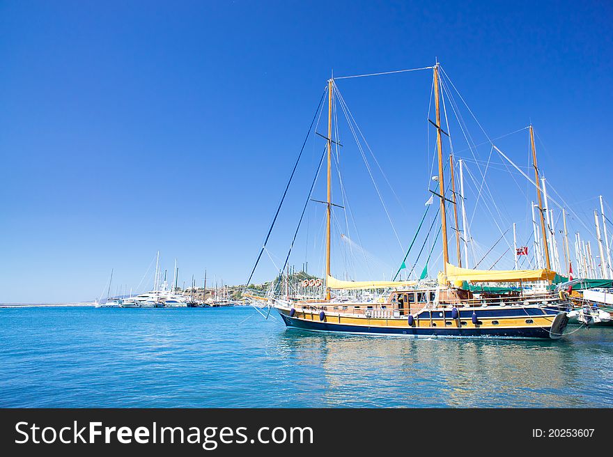 Wonderful yacht in blue bay near Bodrum town. Wonderful yacht in blue bay near Bodrum town.