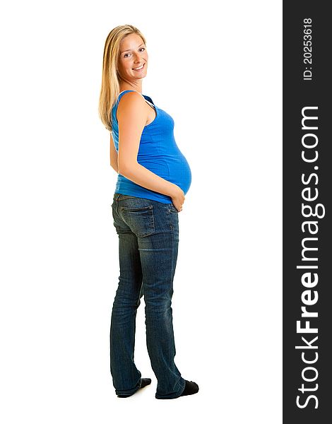 Pregnant woman isolated on white in blue shirt