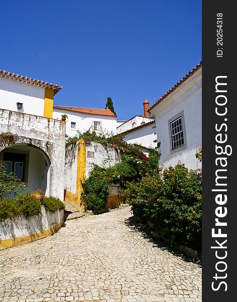 Old  white buildings, doors,  walls and flowers in old middle-aged Obidos village in Portugal