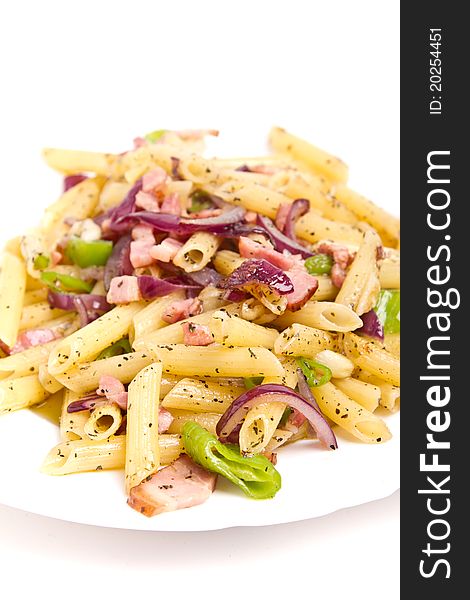 Penne with bacon hot green pepper and onions. Penne with bacon hot green pepper and onions