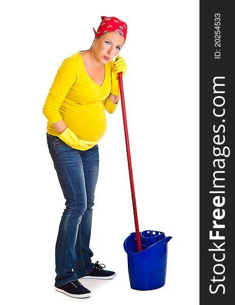 Tired pregnant woman cleaning the floor isolated on white