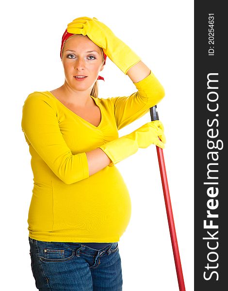 Tired pregnant woman cleaning the floor isolated on white