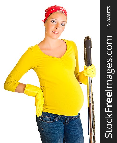 Pregnant woman clean with vacuum cleaner isolated on white