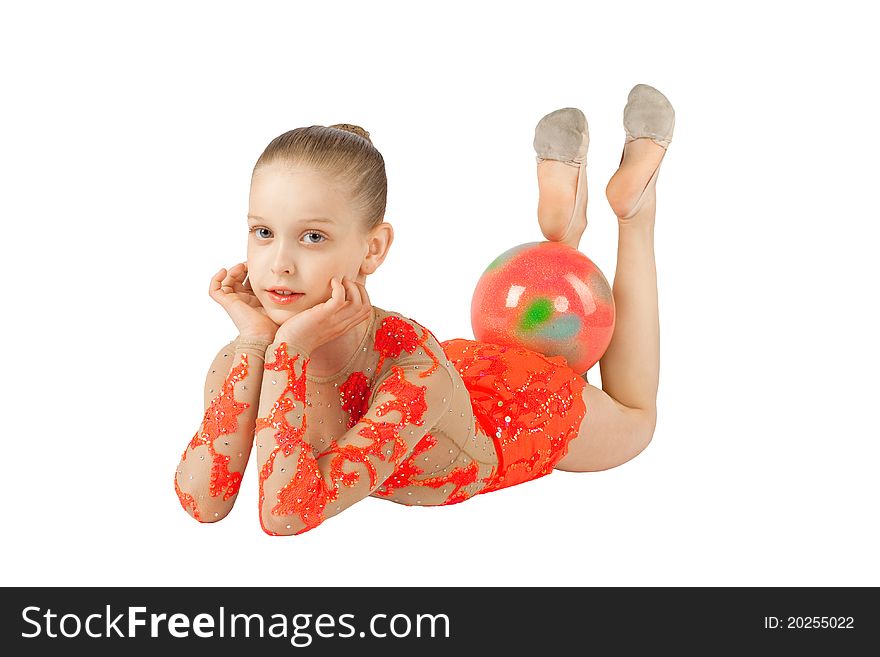 The young gymnast in bright tights with the ball, the insulation on a white background. The young gymnast in bright tights with the ball, the insulation on a white background