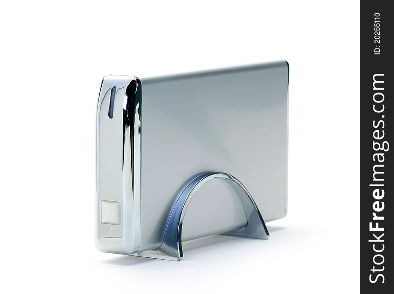 Silver metal hard drive on white background