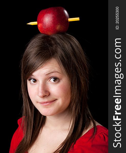 Woman Have One Apple With Pencil On Her Head