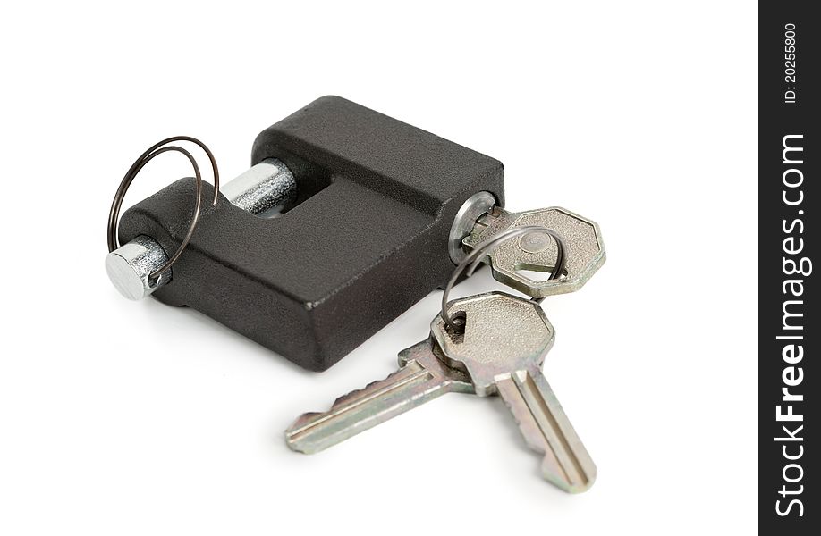 Steel padlock with key isolated on white background