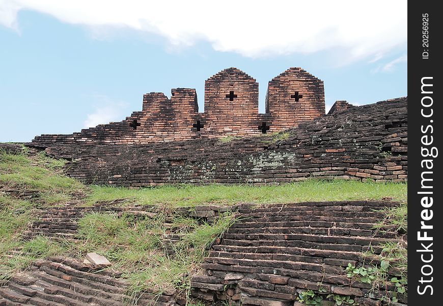 Old brick fortress wall at chiangmai,Thailand