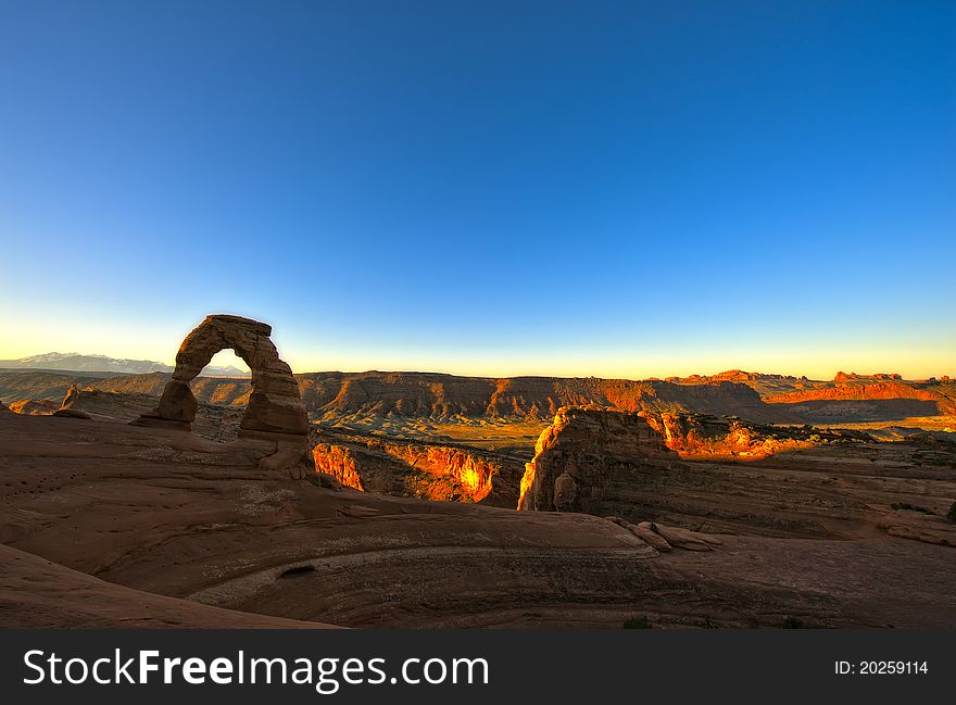 Delicate Arch at Sunrise in Arches National Park, Utah, USA. April
