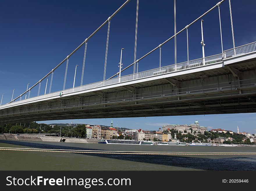 The budapest scenery represented by the superior Elisabeth bridge with the President palace and Buda castle under it.