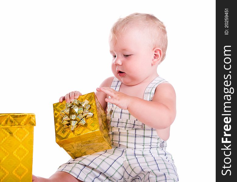 Little baby with a gift isolated over white background