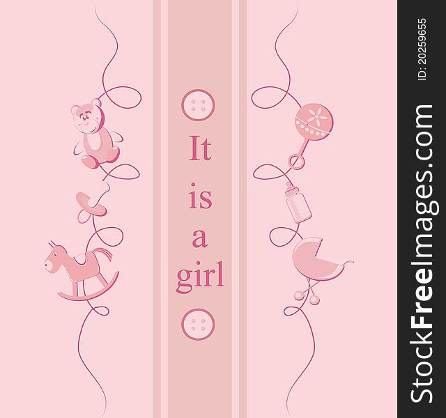 Baby girl arrival announcement card with design element. Baby girl arrival announcement card with design element