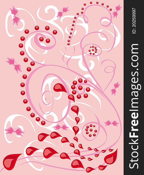 Abstract background with flowers, butterflies and hearts. illustration