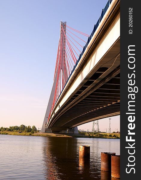 Cable-stayed bridge named John Paul the Second connecting the two shores of the Dead Vistula River