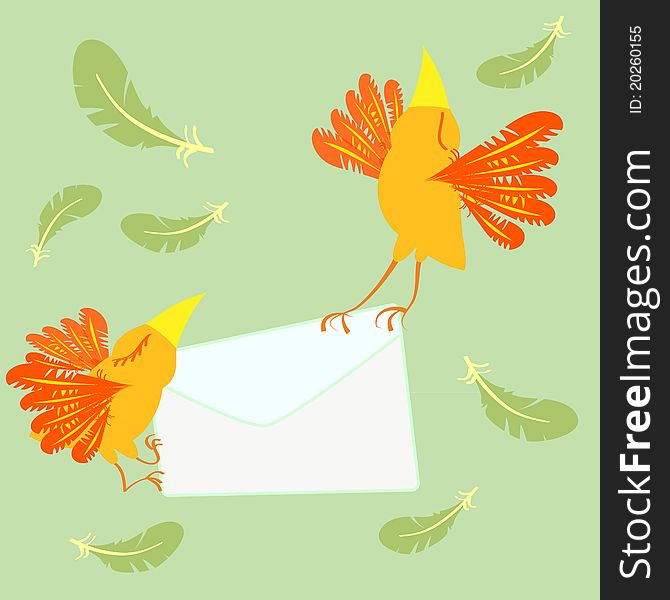 Two mail birds flyght with feathers background. Two mail birds flyght with feathers background