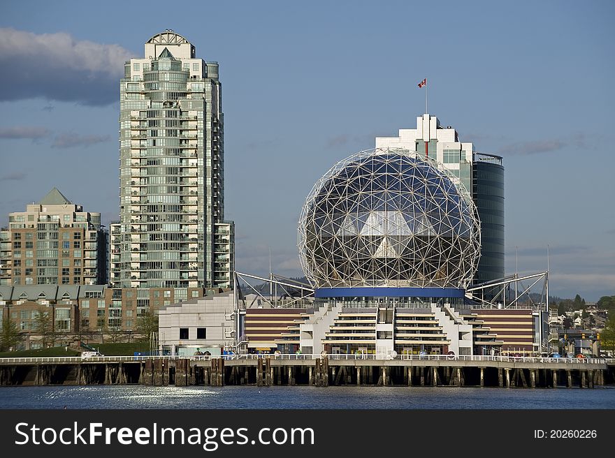 Science World and new apartment buildings. Science World and new apartment buildings