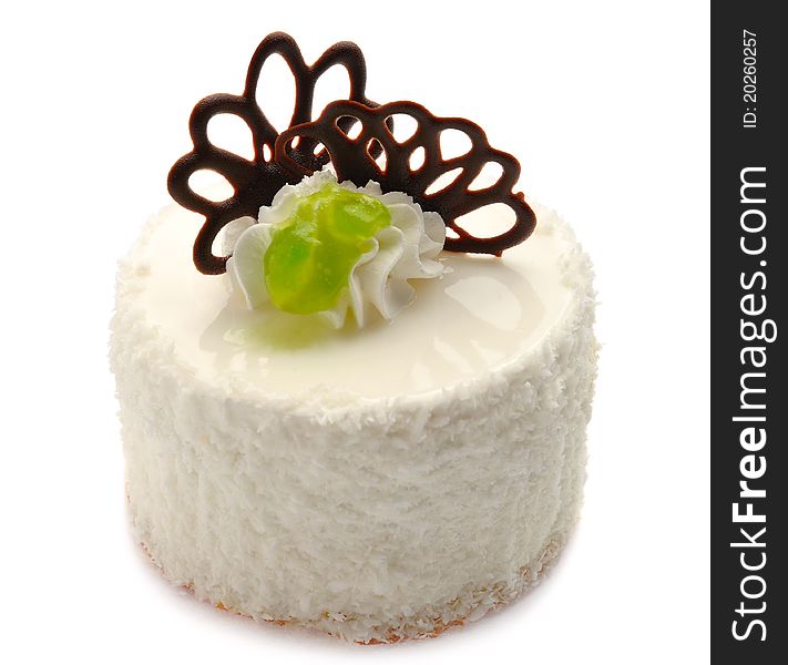 White cake with chocolate decoration. White cake with chocolate decoration
