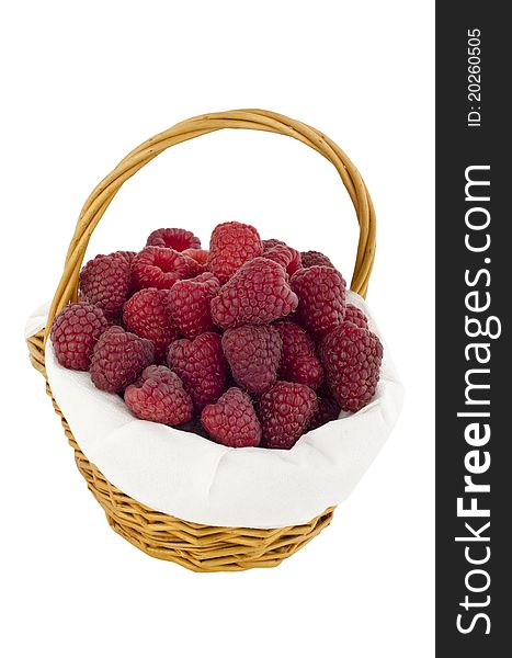 Raspberries in small wooden basket, isolated on white. Raspberries in small wooden basket, isolated on white.