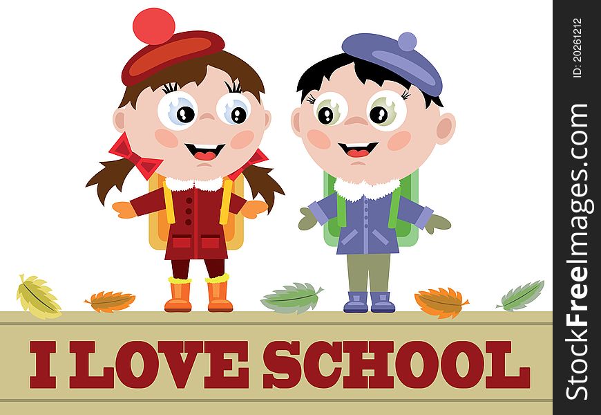 School background with pupils and,wordsI love school.