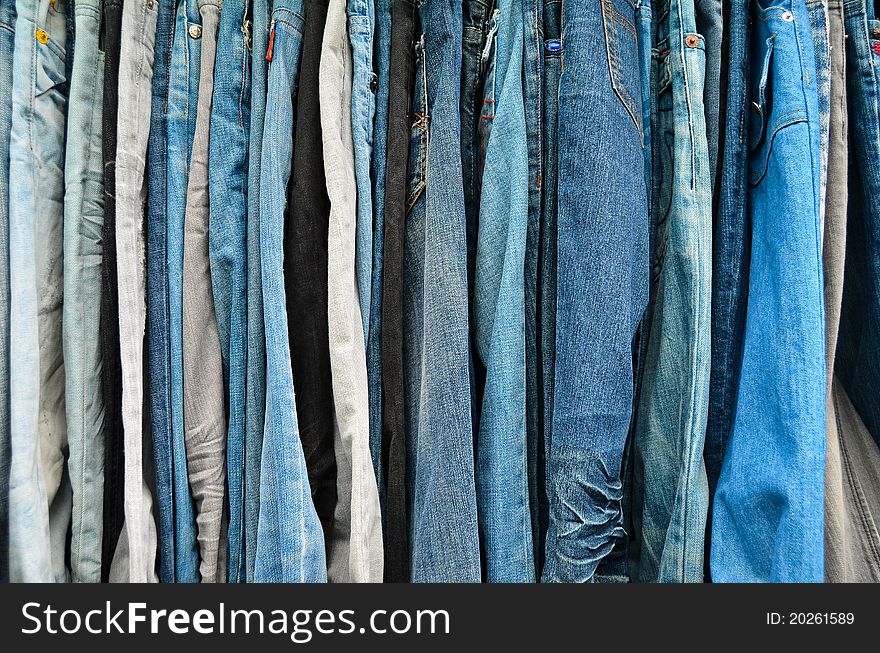 Variety color of jeans texture , closeup background