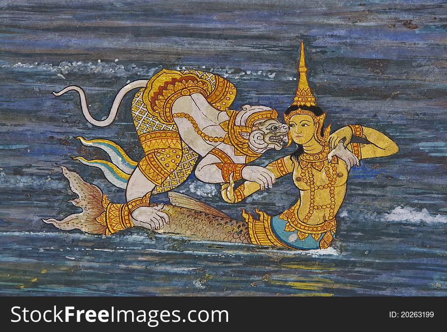 Tale animal in native Thai style painting on wall of Buddhist church. Tale animal in native Thai style painting on wall of Buddhist church