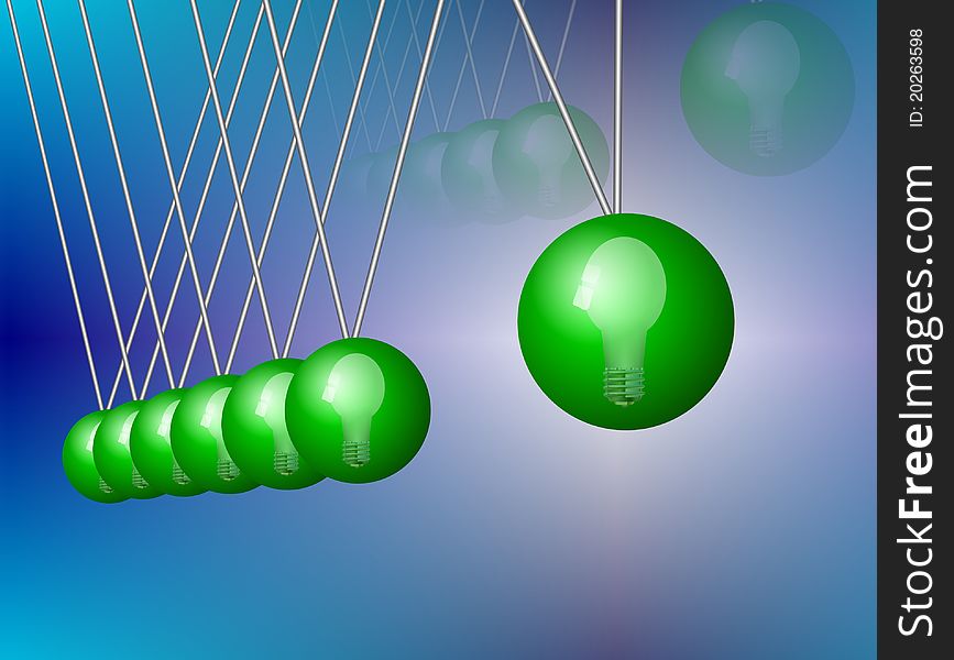 Green balls with glowing bulbs inside them presented as a part of Newtonâ€™s cradle. Green balls with glowing bulbs inside them presented as a part of Newtonâ€™s cradle