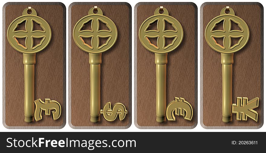 Four golden keys in a shape of money symbols. Four golden keys in a shape of money symbols