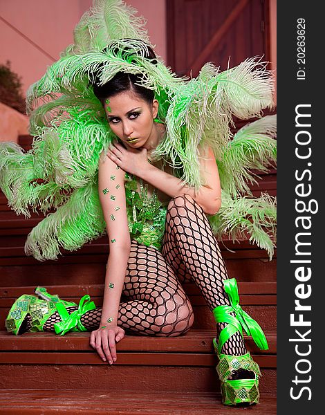 Female Wearing Green Feather Fashion