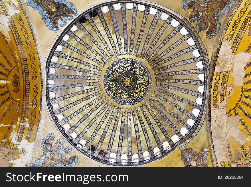 June 2011, Istanbul Turkey, Main dome inside Hagia Sophia show gold gilting. Landscape. June 2011, Istanbul Turkey, Main dome inside Hagia Sophia show gold gilting. Landscape