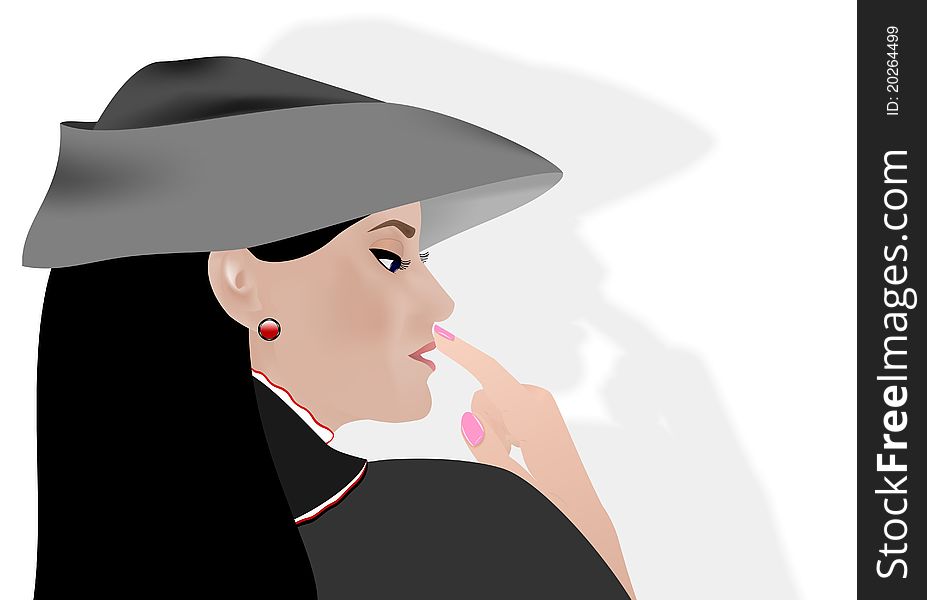 Profile portrait of a woman with grey hat and coat touching her lips with one finger. Profile portrait of a woman with grey hat and coat touching her lips with one finger