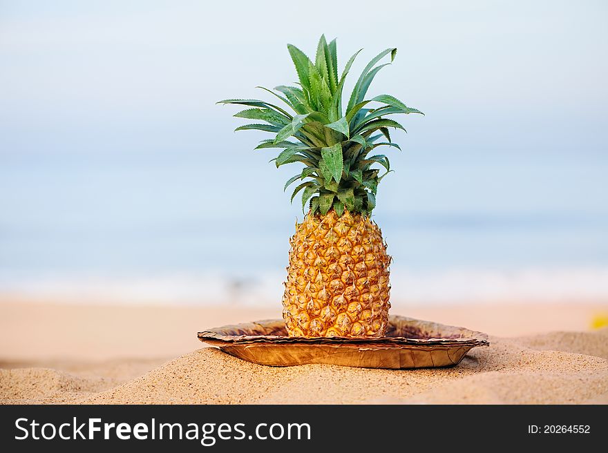 Pineapple on the leaves plate on the sand shore