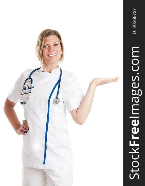 Happy smiling female doctor holding or presenting something on her empty hand. Happy smiling female doctor holding or presenting something on her empty hand