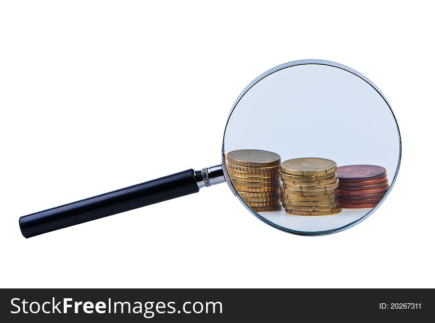 Magnifier And Stack Coins Isolated