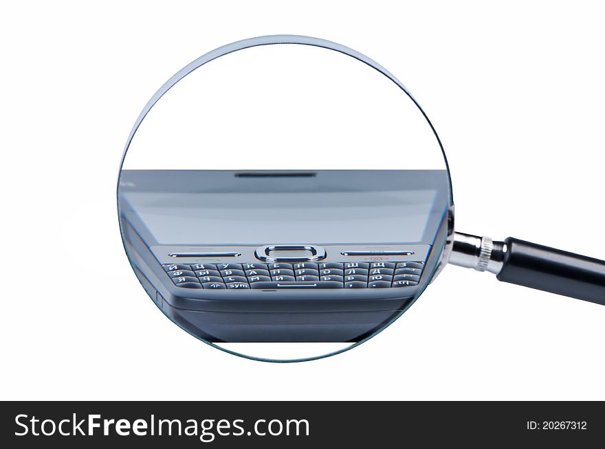 Magnifier and mobile phones on white background isolate without shadow. Clipping paths.