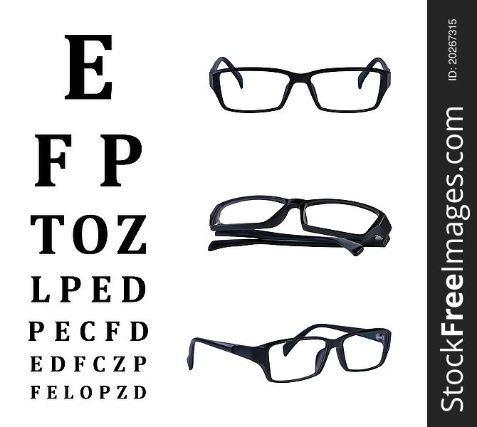 Eye glasses with eye chart isolated on white background without shadow. Clipping paths . Eye glasses with eye chart isolated on white background without shadow. Clipping paths .