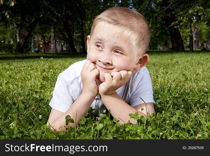 Portrait the boy, laying on a grass, supporting a head hands. Portrait the boy, laying on a grass, supporting a head hands