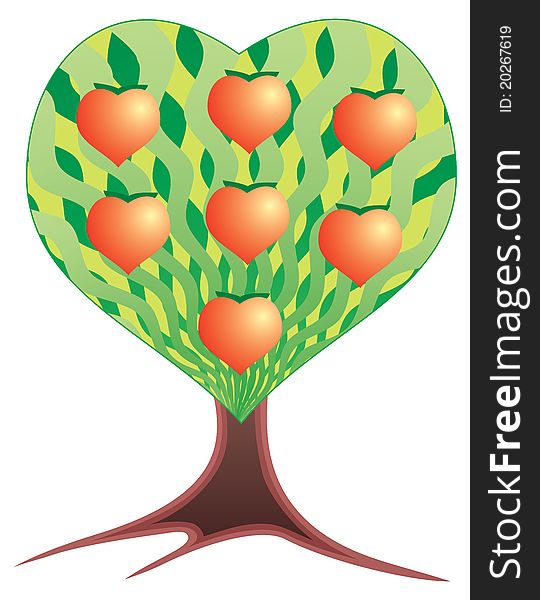 Tree in the form of heart with fruits in the form of hearts. Graphic drawing. Tree in the form of heart with fruits in the form of hearts. Graphic drawing