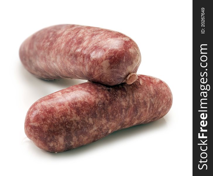 Two pork sausage isolated over white. Two pork sausage isolated over white