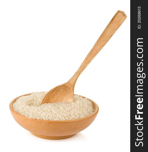 Rice In Wooden Plate And Spoon Isolated On White