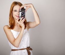 Girl In White Dress With Vintage Camera. Royalty Free Stock Photo Girl In White Dress With Vintage Camera. Royalty Free Stock Photo