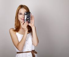 Girl In White Dress With Vintage Camera. Royalty Free Stock Photography Girl In White Dress With Vintage Camera. Royalty Free Stock Photography