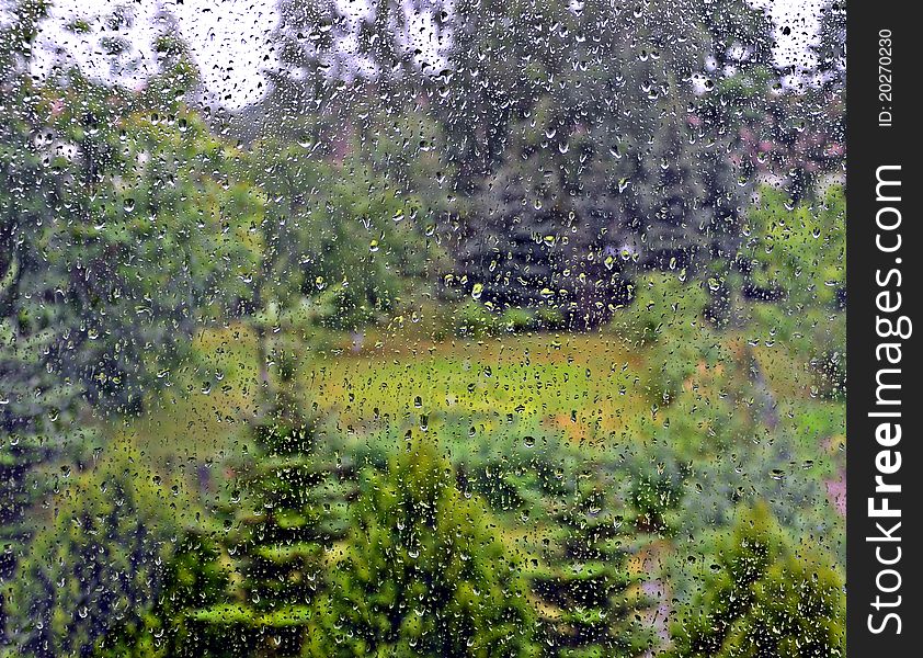 Rainy drops on window as background