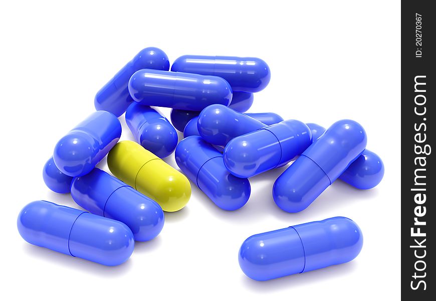 Many blue and one yellow pills isolated on white background. Many blue and one yellow pills isolated on white background