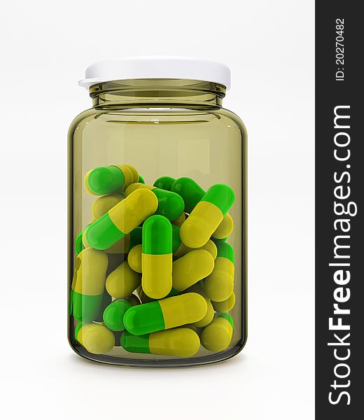 Green-yellow Pills In Medical Bottle On White