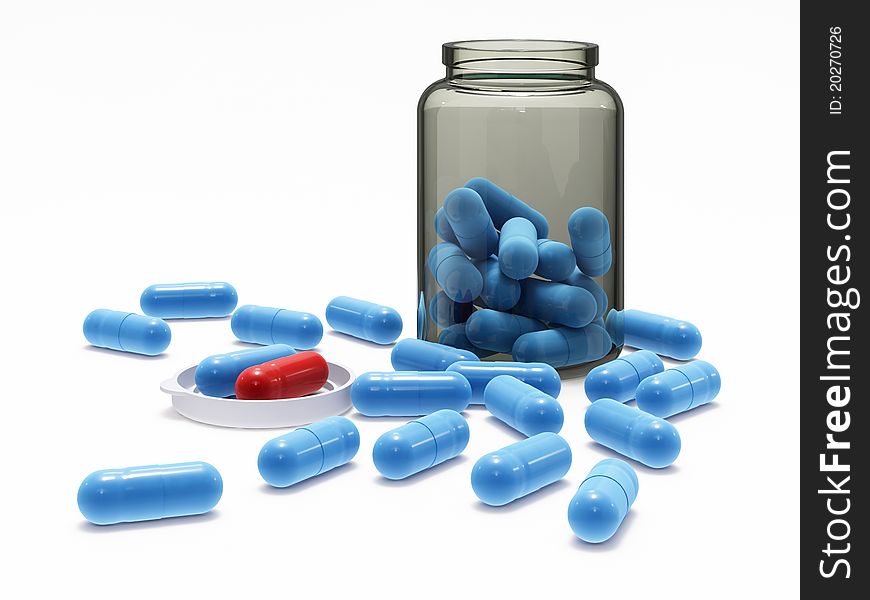 Blue and red pills in medical bottle with cap