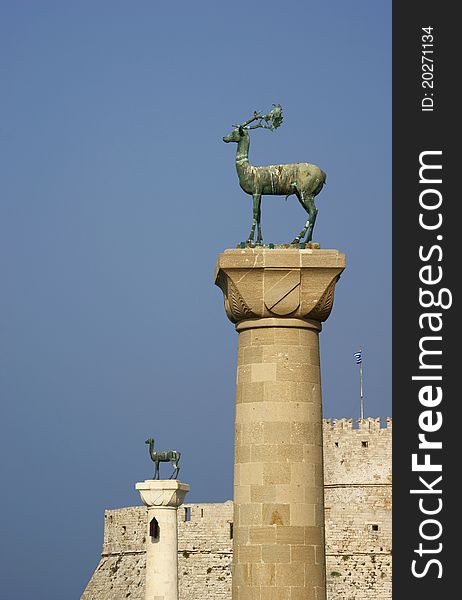 Monument in port Greece,Rhodes,City of Rhodes. Monument in port Greece,Rhodes,City of Rhodes